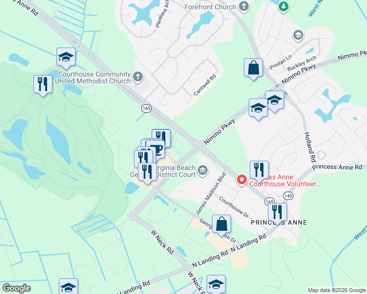map of restaurants, bars, coffee shops, grocery stores, and more near 2601 Princess Anne Road in Virginia Beach