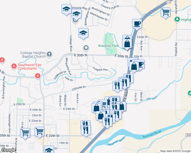 map of restaurants, bars, coffee shops, grocery stores, and more near 3307 Edgecliff Drive in Farmington