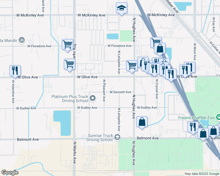 map of restaurants, bars, coffee shops, grocery stores, and more near 2412 West Dennett Avenue in Fresno