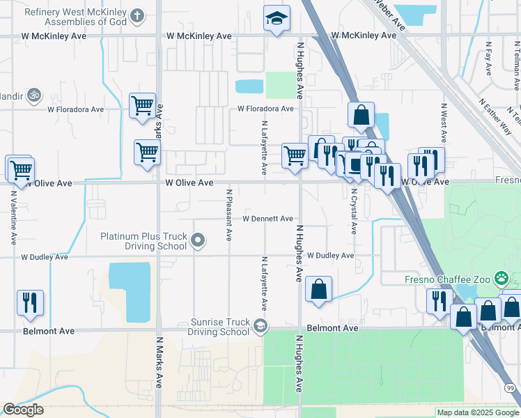 map of restaurants, bars, coffee shops, grocery stores, and more near 2314 West Dennett Avenue in Fresno