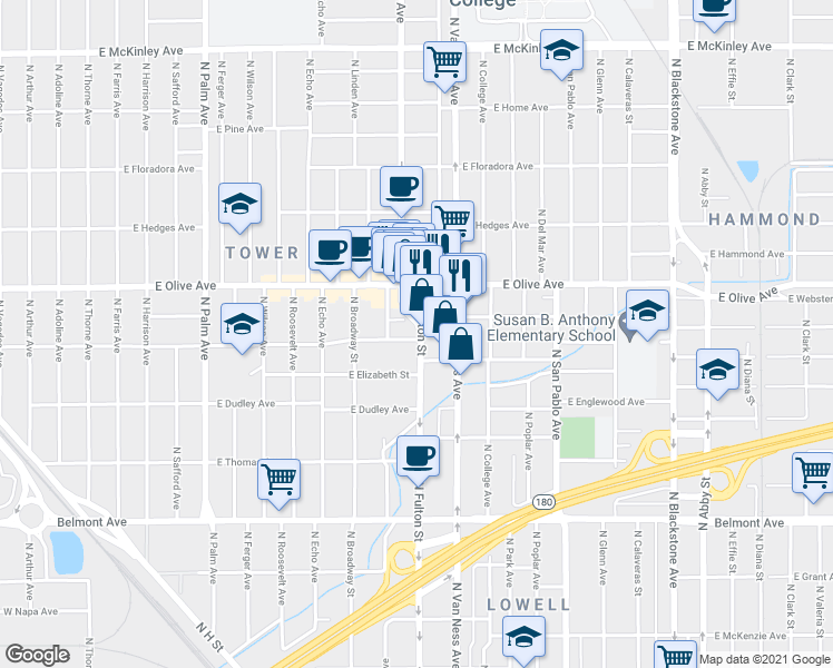 map of restaurants, bars, coffee shops, grocery stores, and more near 1065 East Dennett Avenue in Fresno