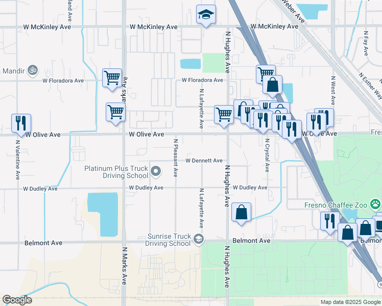 map of restaurants, bars, coffee shops, grocery stores, and more near 2334 West Dennett Avenue in Fresno