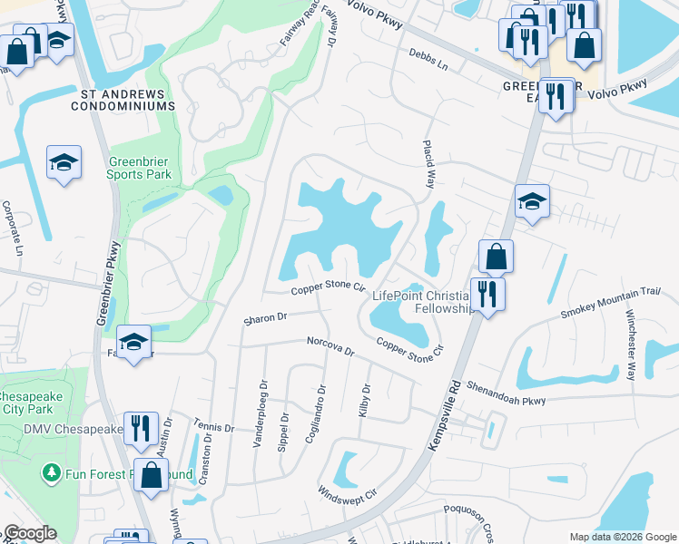 map of restaurants, bars, coffee shops, grocery stores, and more near 810 Copper Stone Circle in Chesapeake