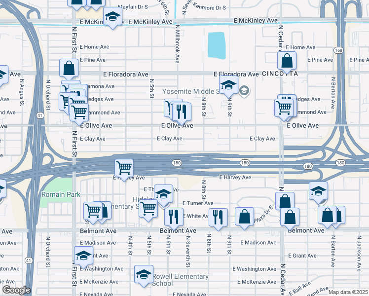 map of restaurants, bars, coffee shops, grocery stores, and more near 3719 East Tyler Avenue in Fresno