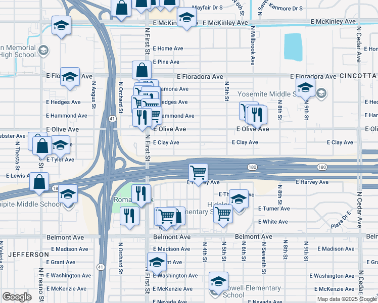 map of restaurants, bars, coffee shops, grocery stores, and more near 3303 East Tyler Avenue in Fresno