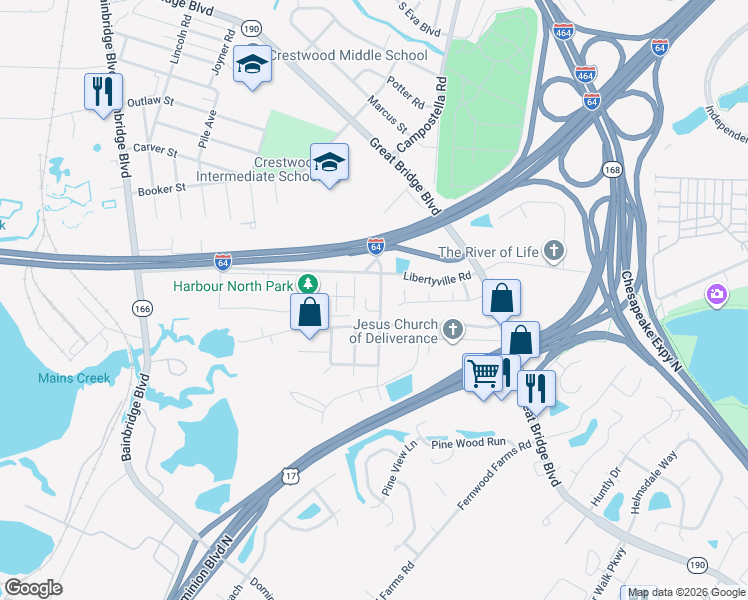 map of restaurants, bars, coffee shops, grocery stores, and more near 811 Mullen Road in Chesapeake