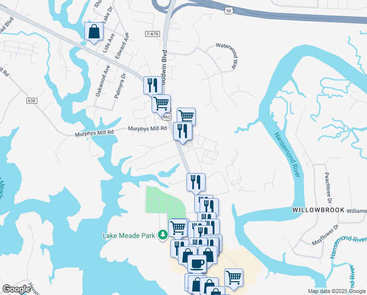 map of restaurants, bars, coffee shops, grocery stores, and more near 1910 North Main Street in Suffolk
