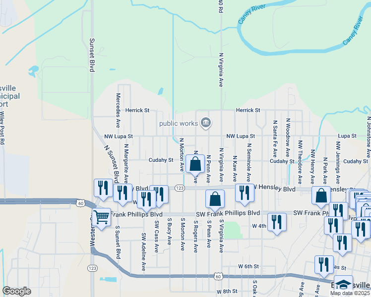 map of restaurants, bars, coffee shops, grocery stores, and more near 212 North Morton Avenue in Bartlesville
