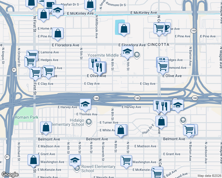 map of restaurants, bars, coffee shops, grocery stores, and more near 3791 East Tyler Avenue in Fresno