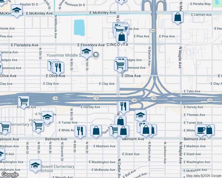 map of restaurants, bars, coffee shops, grocery stores, and more near 4149 East Tyler Avenue in Fresno