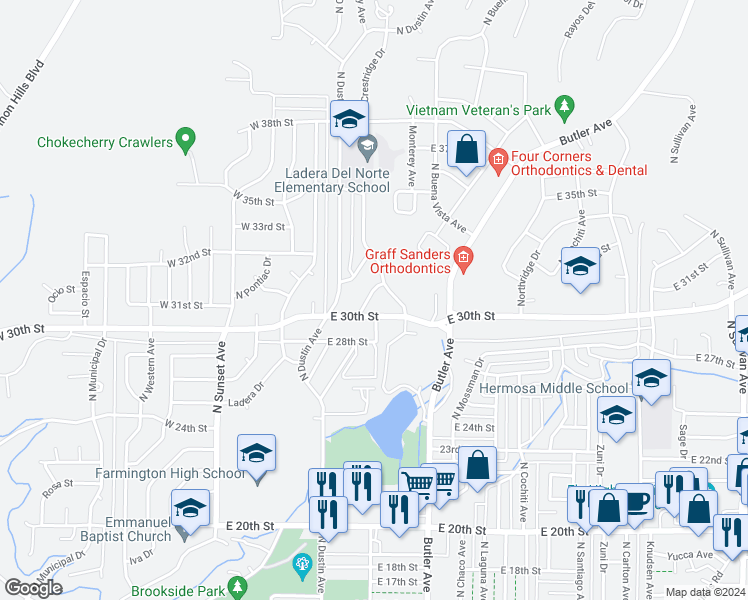 map of restaurants, bars, coffee shops, grocery stores, and more near 411 San Medina Avenue in Farmington
