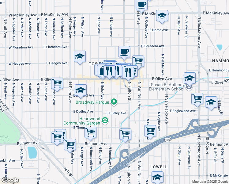 map of restaurants, bars, coffee shops, grocery stores, and more near in Fresno