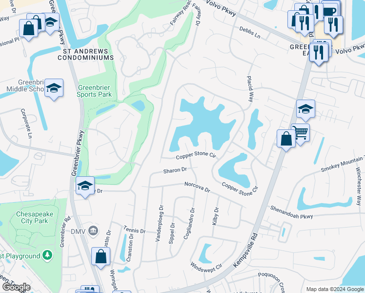 map of restaurants, bars, coffee shops, grocery stores, and more near 1208 Cogliandro Drive in Chesapeake
