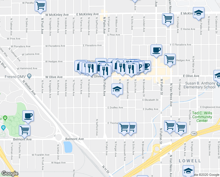 map of restaurants, bars, coffee shops, grocery stores, and more near 1005 North Ferger Avenue in Fresno