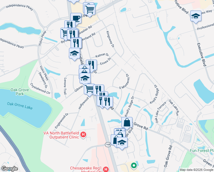 map of restaurants, bars, coffee shops, grocery stores, and more near 311 South Monterey Drive in Chesapeake