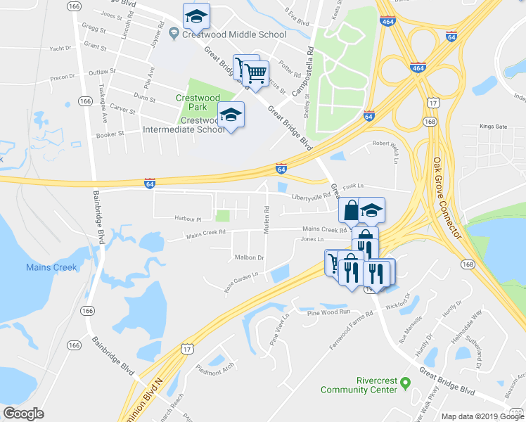 map of restaurants, bars, coffee shops, grocery stores, and more near 811 Mullen Road in Chesapeake