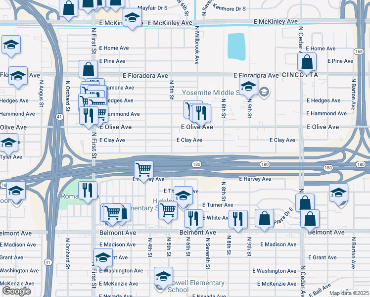 map of restaurants, bars, coffee shops, grocery stores, and more near 3607 East Tyler Avenue in Fresno