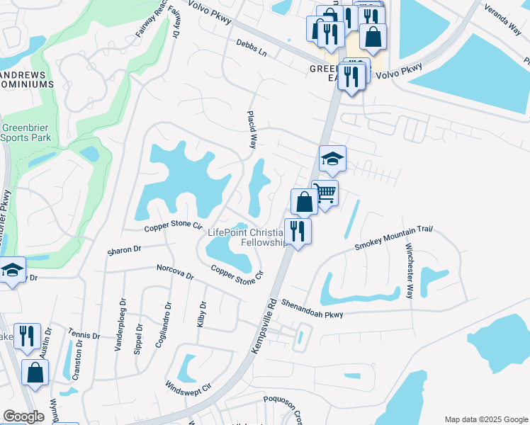map of restaurants, bars, coffee shops, grocery stores, and more near 1119 Killington Arch in Chesapeake