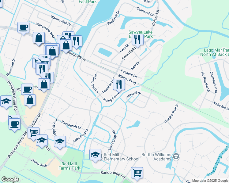 map of restaurants, bars, coffee shops, grocery stores, and more near 2405 Rapidan Court in Virginia Beach