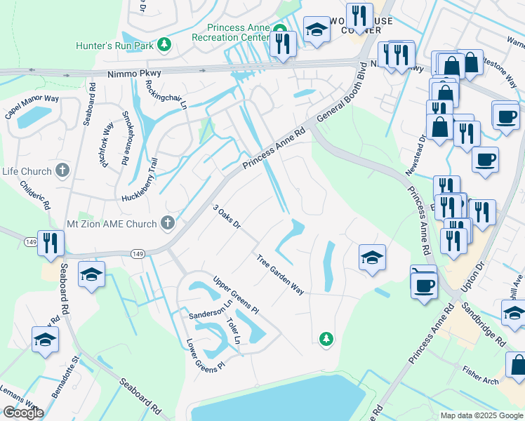 map of restaurants, bars, coffee shops, grocery stores, and more near 2213 Shingle Wood Way in Virginia Beach
