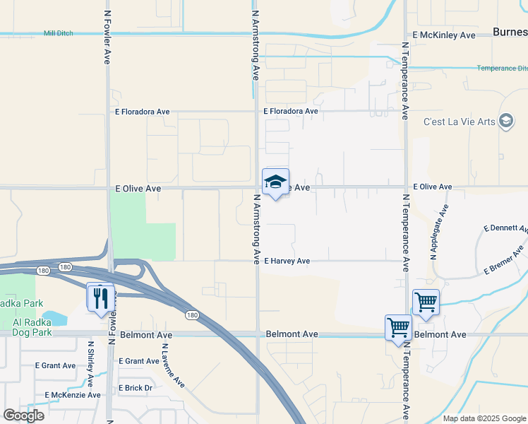 map of restaurants, bars, coffee shops, grocery stores, and more near 1448 North Armstrong Avenue in Fresno