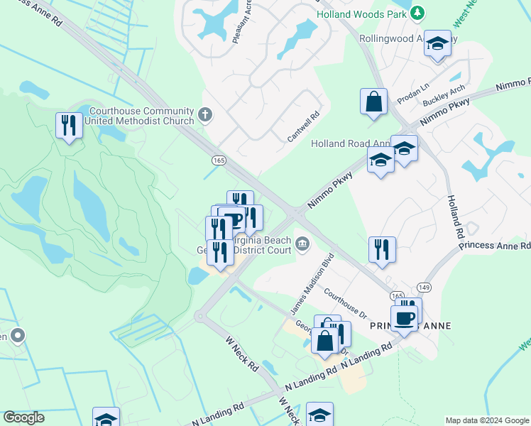 map of restaurants, bars, coffee shops, grocery stores, and more near 2448 Nimmo Pkwy in Virginia Beach