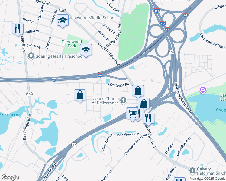 map of restaurants, bars, coffee shops, grocery stores, and more near 1008 Halter Arch in Chesapeake