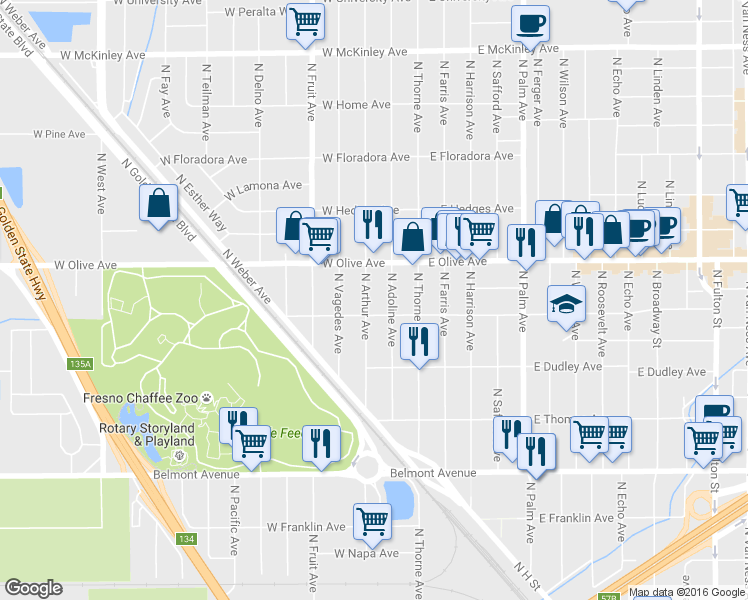 map of restaurants, bars, coffee shops, grocery stores, and more near 1011 North Arthur Avenue in Fresno
