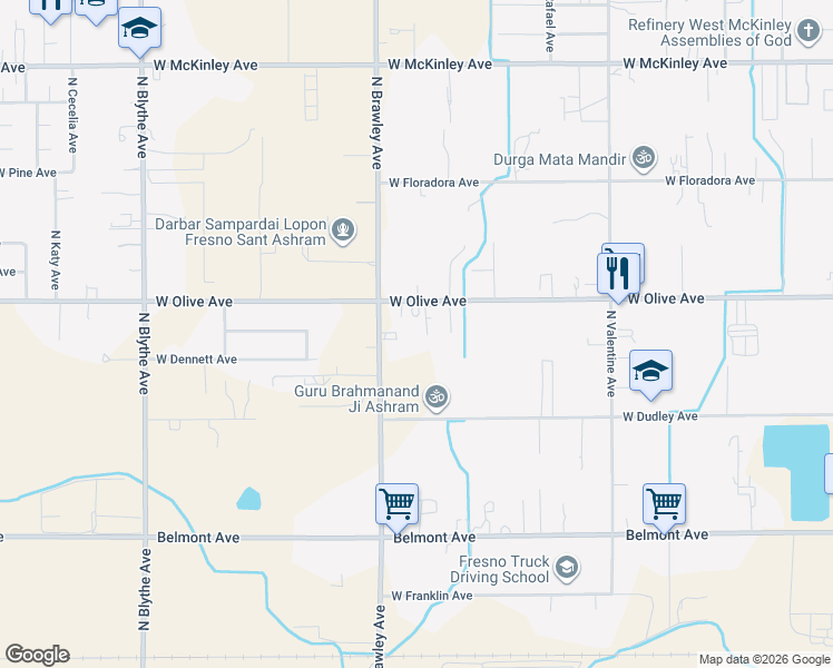 map of restaurants, bars, coffee shops, grocery stores, and more near 3709 West Olive Avenue in Fresno