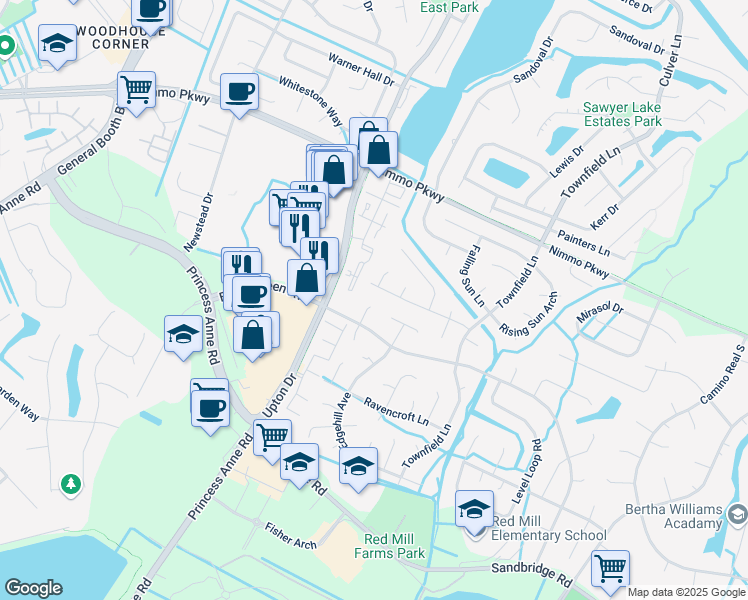 map of restaurants, bars, coffee shops, grocery stores, and more near 2514 Elson Green Court in Virginia Beach