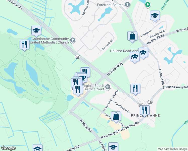 map of restaurants, bars, coffee shops, grocery stores, and more near 2448 Nimmo Pkwy in Virginia Beach