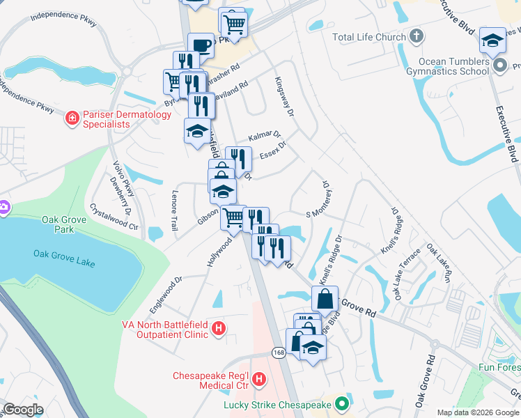 map of restaurants, bars, coffee shops, grocery stores, and more near 311 South Monterey Drive in Chesapeake