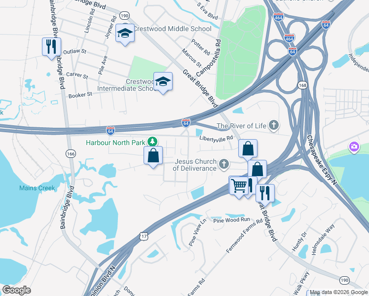 map of restaurants, bars, coffee shops, grocery stores, and more near 809 Mullen Road in Chesapeake