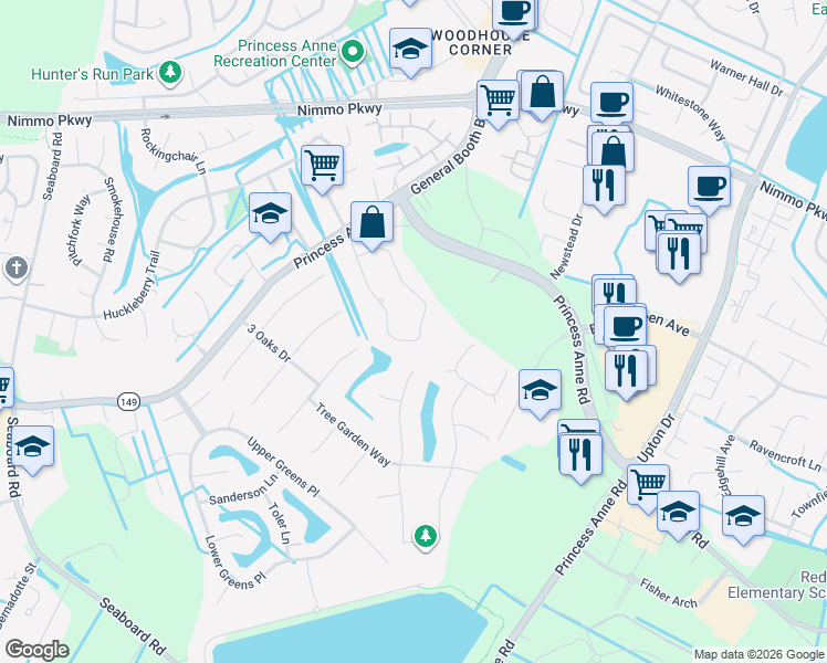 map of restaurants, bars, coffee shops, grocery stores, and more near 2381 Mathews Green Road in Virginia Beach