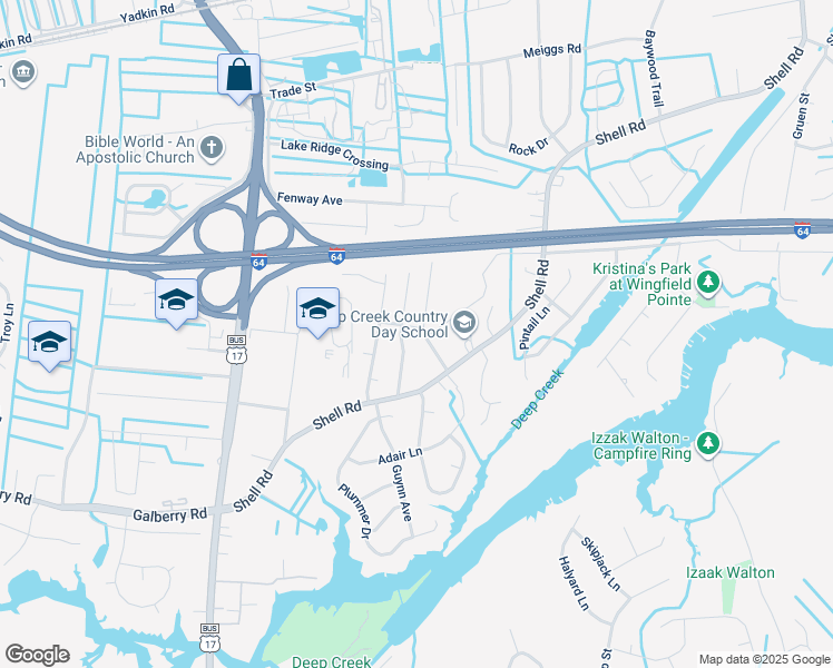 map of restaurants, bars, coffee shops, grocery stores, and more near 2621 Hillard Street in Chesapeake