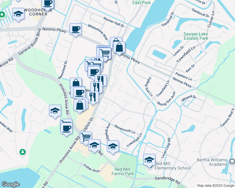 map of restaurants, bars, coffee shops, grocery stores, and more near 2514 Elson Green Court in Virginia Beach