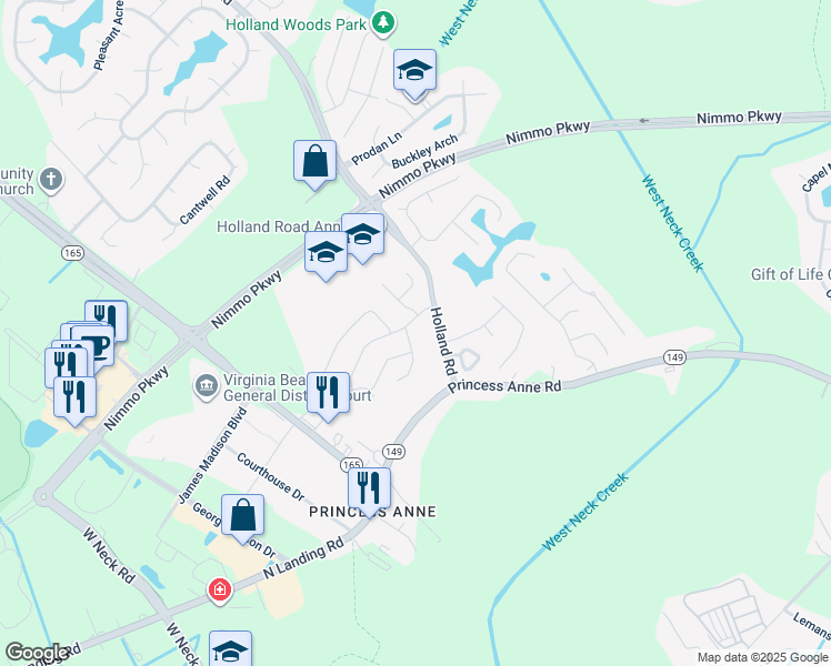 map of restaurants, bars, coffee shops, grocery stores, and more near 2300 Kingsman Lane in Virginia Beach