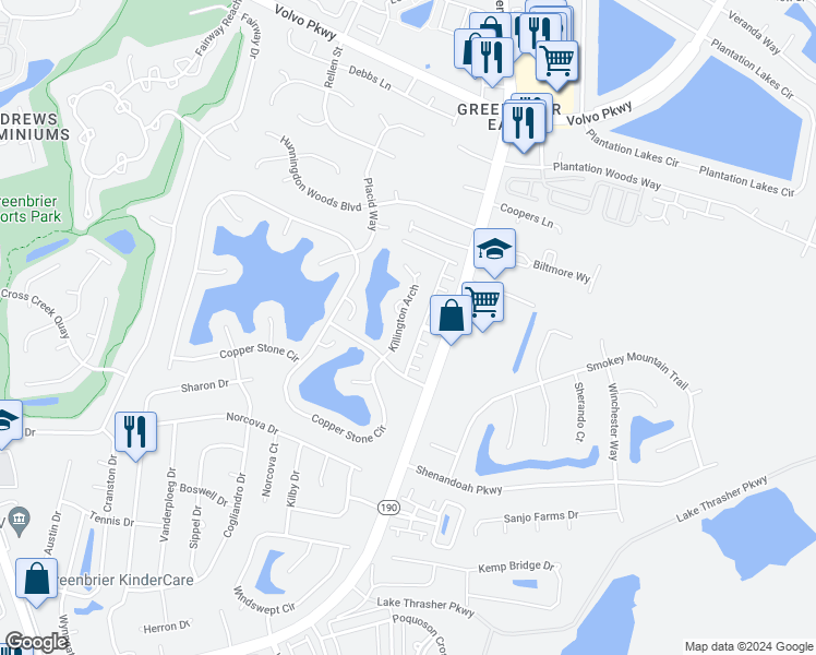 map of restaurants, bars, coffee shops, grocery stores, and more near 1136 Killington Arch in Chesapeake