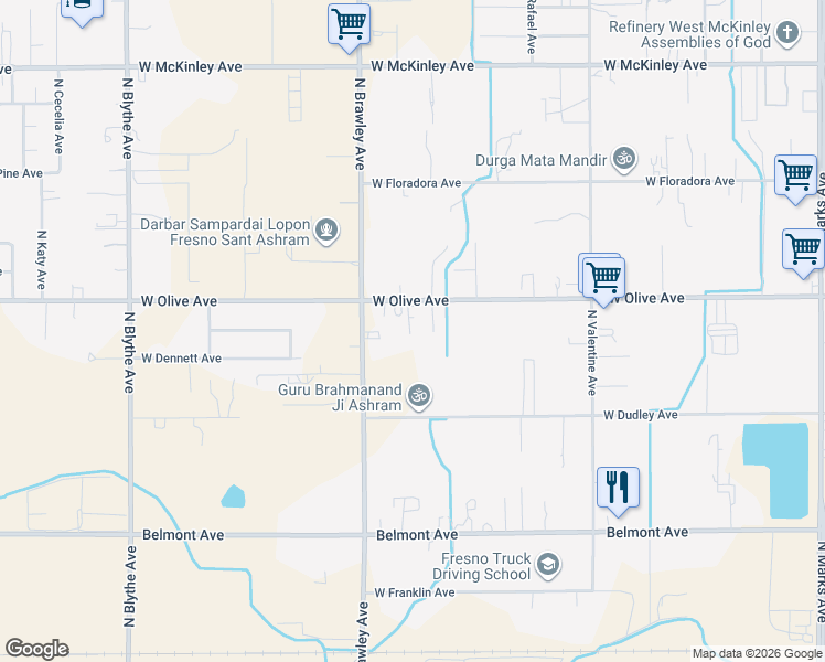 map of restaurants, bars, coffee shops, grocery stores, and more near 3709 West Olive Avenue in Fresno