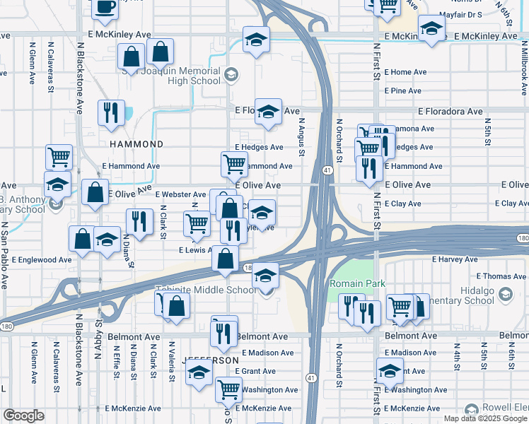 map of restaurants, bars, coffee shops, grocery stores, and more near 2625 East Tyler Avenue in Fresno