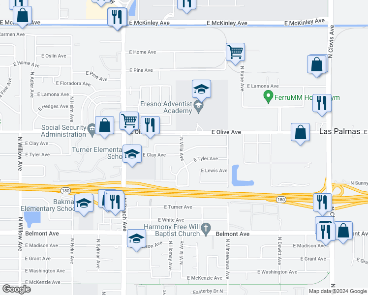 map of restaurants, bars, coffee shops, grocery stores, and more near 1040 North Villa Avenue in Fresno