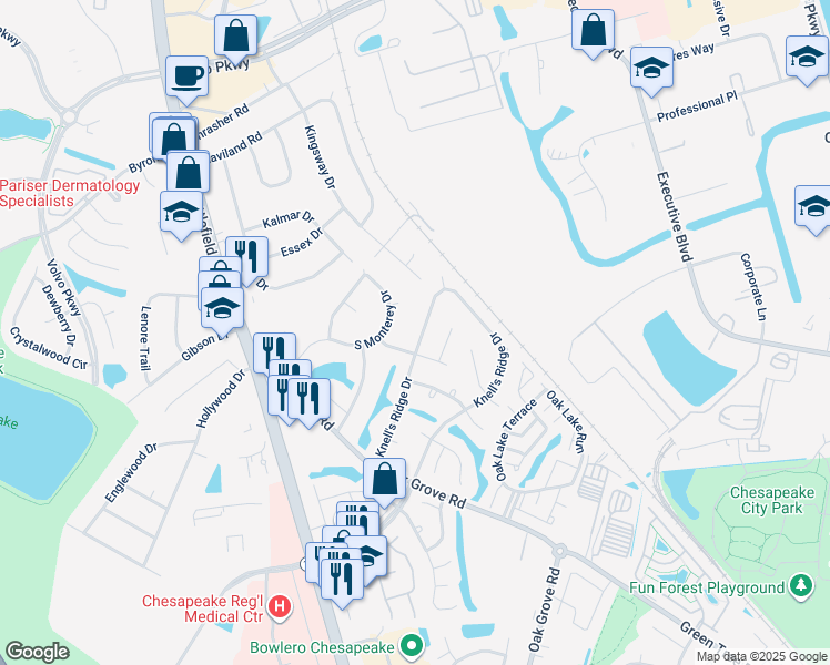 map of restaurants, bars, coffee shops, grocery stores, and more near 379 Knell's Ridge Drive in Chesapeake