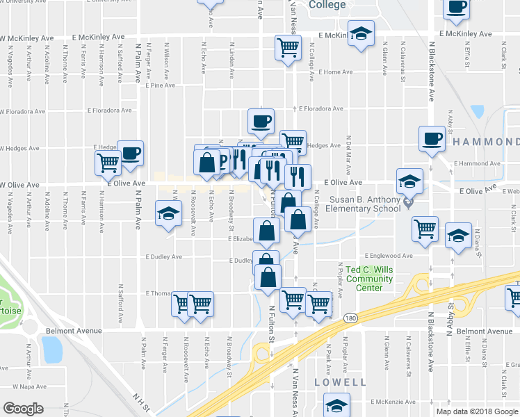 map of restaurants, bars, coffee shops, grocery stores, and more near 1065 East Dennett Avenue in Fresno