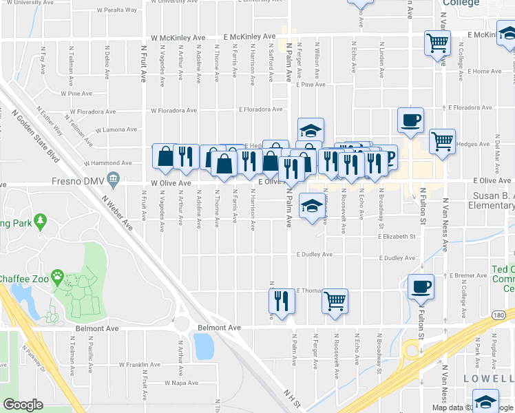 map of restaurants, bars, coffee shops, grocery stores, and more near 1007 North Harrison Avenue in Fresno