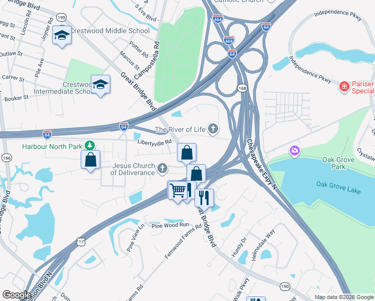 map of restaurants, bars, coffee shops, grocery stores, and more near 1021 U.S. 17 in Chesapeake