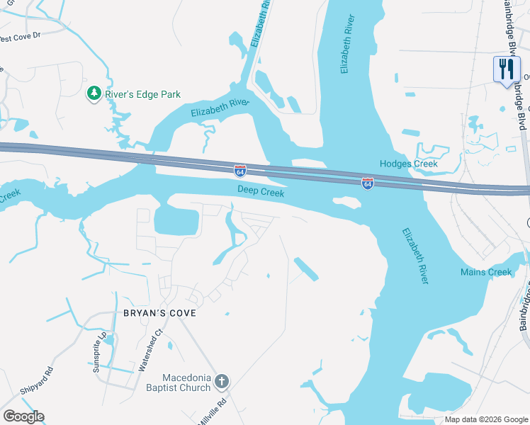 map of restaurants, bars, coffee shops, grocery stores, and more near 1700 Shipyard Road in Chesapeake