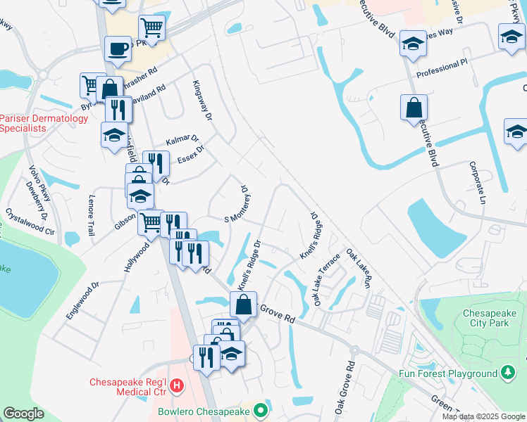 map of restaurants, bars, coffee shops, grocery stores, and more near 379 Knell's Ridge Drive in Chesapeake