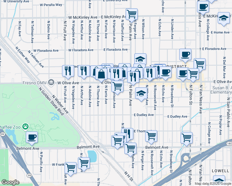 map of restaurants, bars, coffee shops, grocery stores, and more near 1007 North Harrison Avenue in Fresno