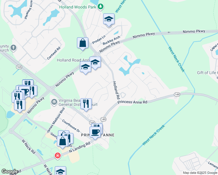 map of restaurants, bars, coffee shops, grocery stores, and more near 2300 Kingsman Lane in Virginia Beach