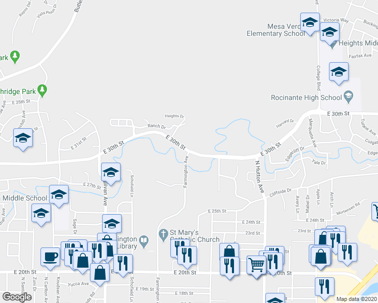 map of restaurants, bars, coffee shops, grocery stores, and more near 3316 Farmington Avenue in Farmington